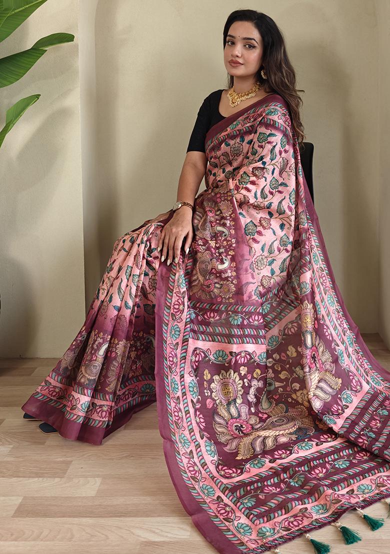 Pink Kalamkari Cotton Saree Set With Blouse