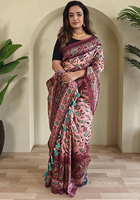 Pink Kalamkari Cotton Saree Set With Blouse