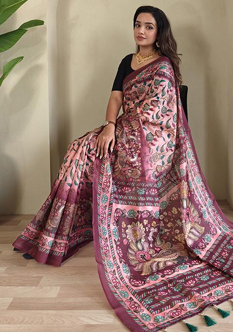 Pink Kalamkari Cotton Saree Set With Blouse