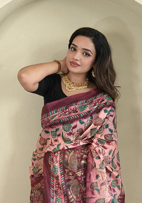 Pink Kalamkari Cotton Saree Set With Blouse
