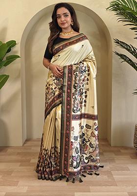 Cream Kalamkari Pure Dola Viscose Saree Set With Blouse