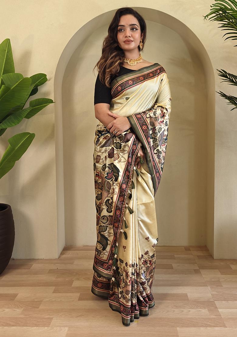 Cream Kalamkari Pure Dola Viscose Saree Set With Blouse
