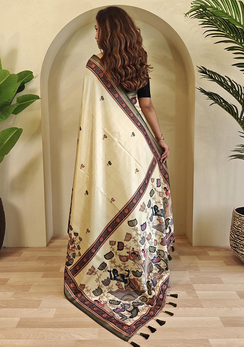 Cream Kalamkari Pure Dola Viscose Saree Set With Blouse