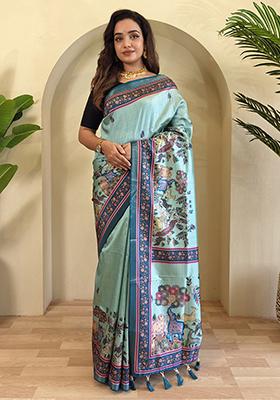 Blue Kalamkari Pure Dola Viscose Saree Set With Blouse