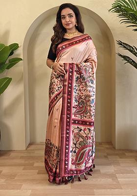 Peach Kalamkari Pure Dola Viscose Saree Set With Blouse