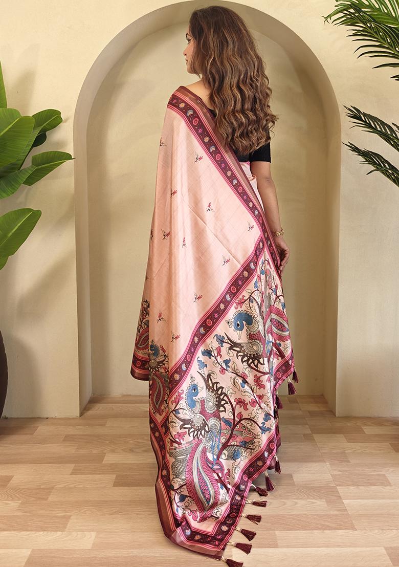 Peach Kalamkari Pure Dola Viscose Saree Set With Blouse