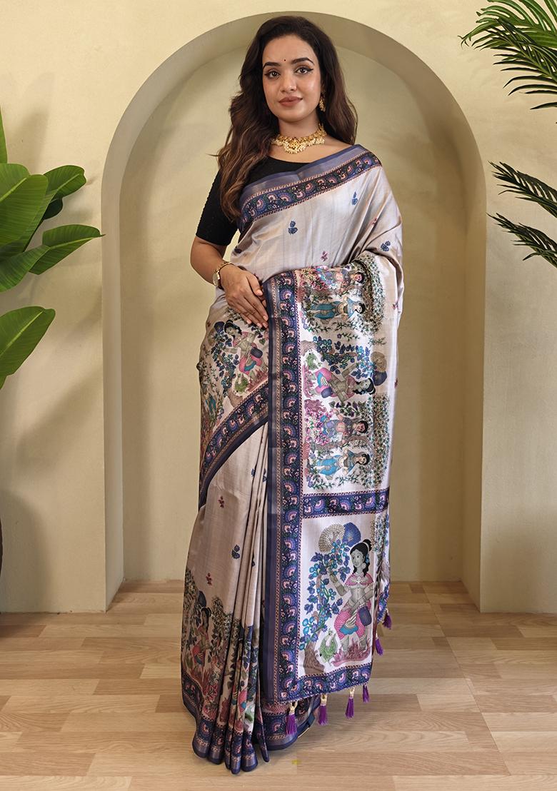 Light Grey Kalamkari Pure Dola Viscose Saree Set With Blouse