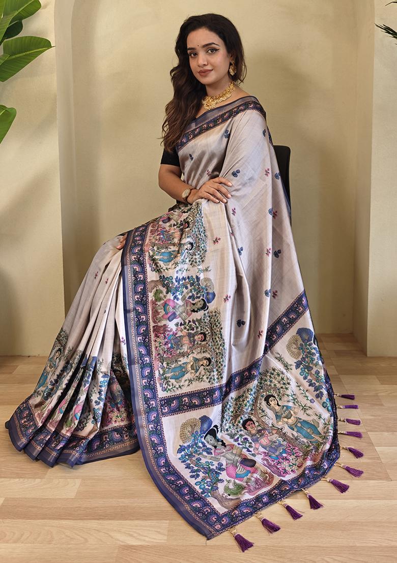Light Grey Kalamkari Pure Dola Viscose Saree Set With Blouse