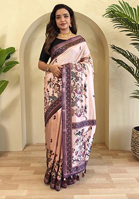Light Peach Kalamkari Pure Dola Viscose Saree Set With Blouse