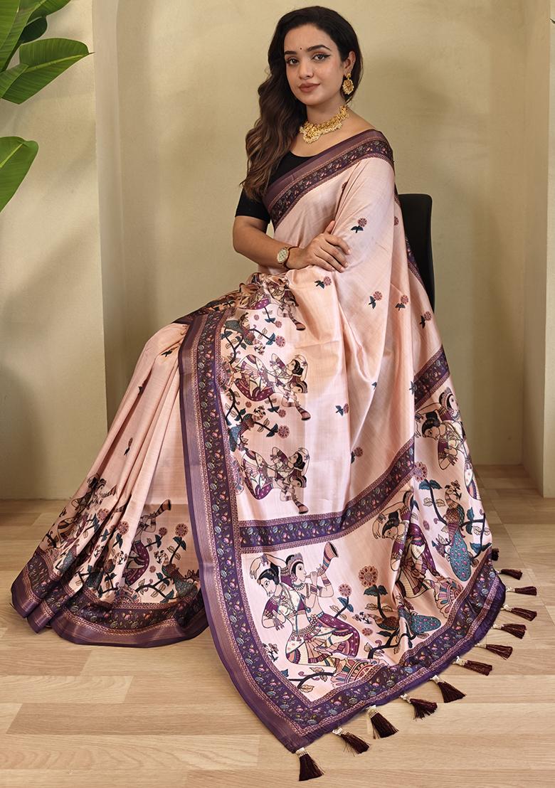 Light Peach Kalamkari Pure Dola Viscose Saree Set With Blouse