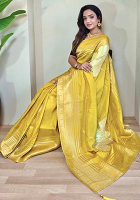 Yellow Flower Weaving Munga Silk Saree Saree Set With Blouse