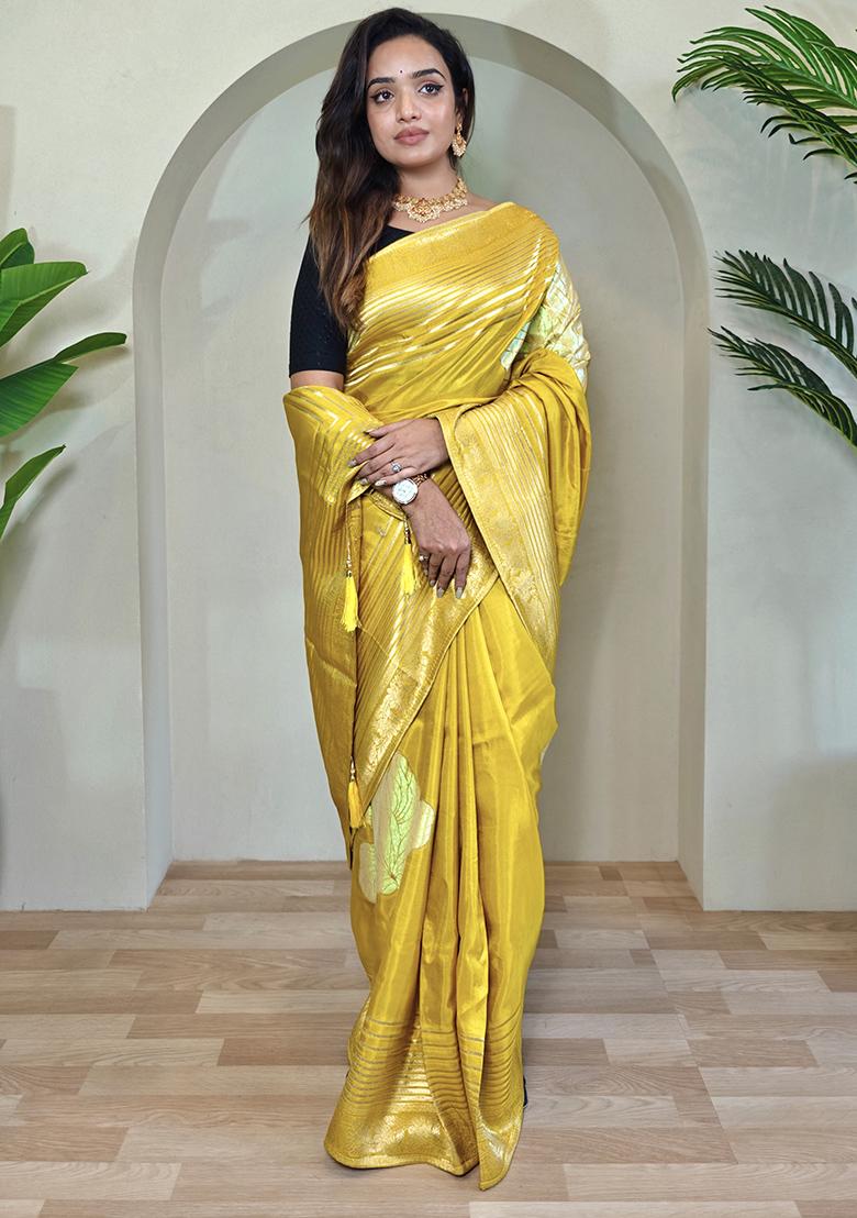 Yellow Flower Weaving Munga Silk Saree Saree Set With Blouse