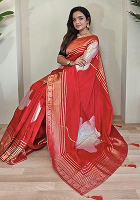 Red Flower Weaving Munga Silk Saree Saree Set With Blouse