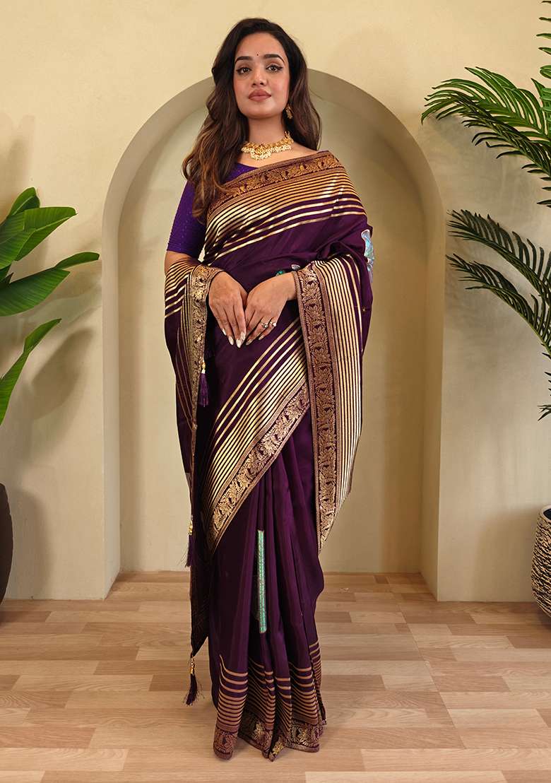 Wine Flower Weaving Munga Silk Saree Saree Set With Blouse - Indya