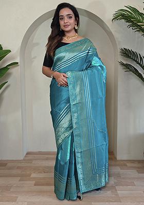 Sky Blue Flower Weaving Munga Silk Saree Saree Set With Blouse