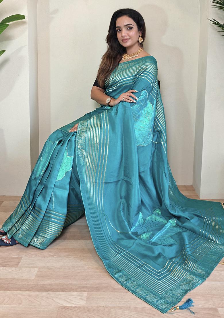 Sky Blue Flower Weaving Munga Silk Saree Saree Set With Blouse