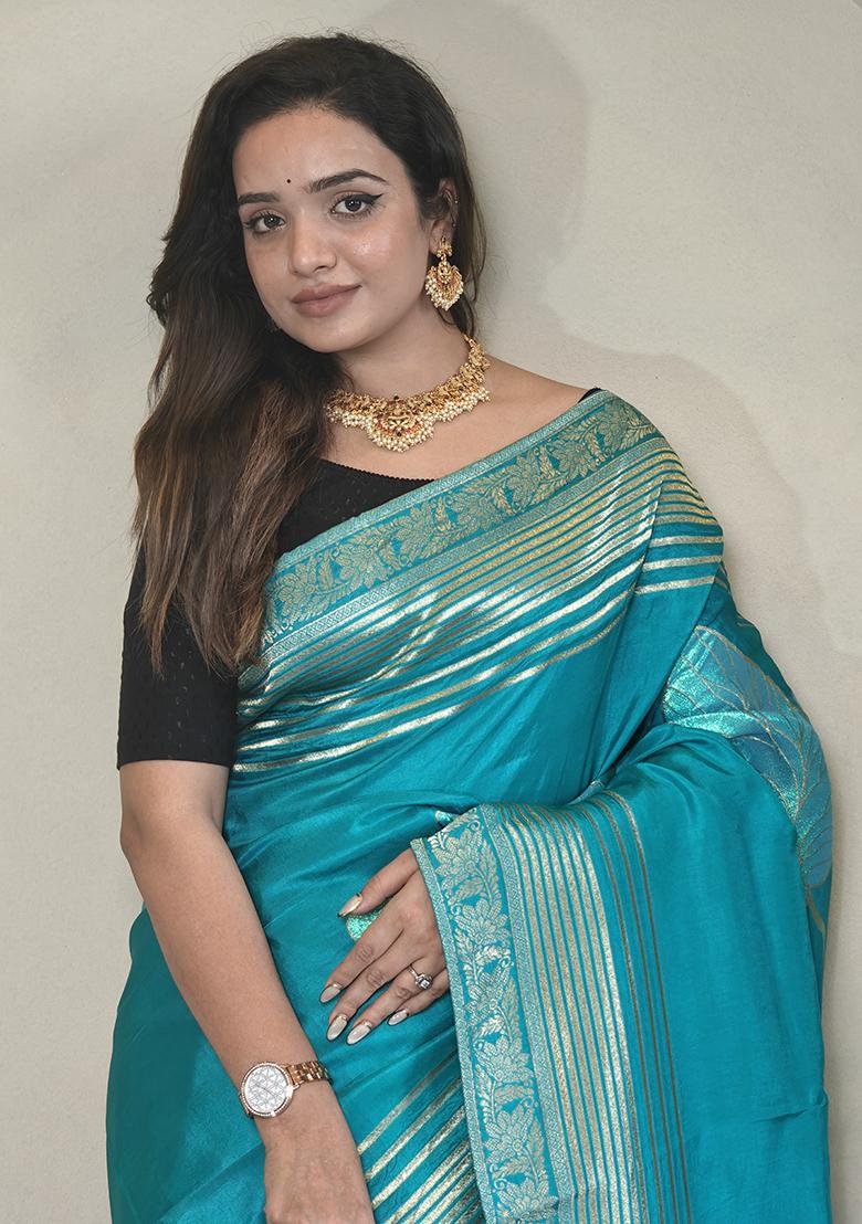 Sky Blue Flower Weaving Munga Silk Saree Saree Set With Blouse