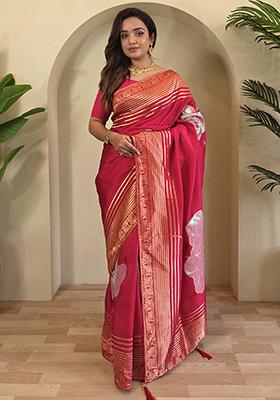 Pink Flower Weaving Munga Silk Saree Saree Set With Blouse
