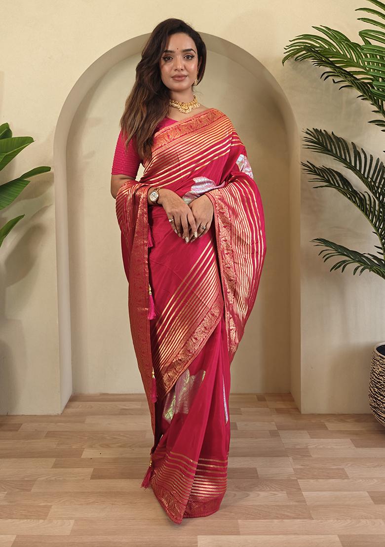 Pink Flower Weaving Munga Silk Saree Saree Set With Blouse