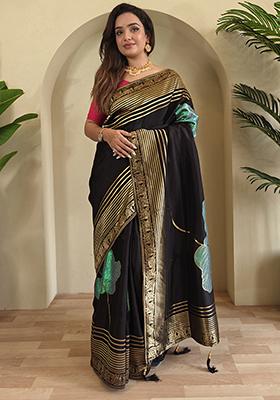 Black Flower Weaving Munga Silk Saree Saree Set With Blouse