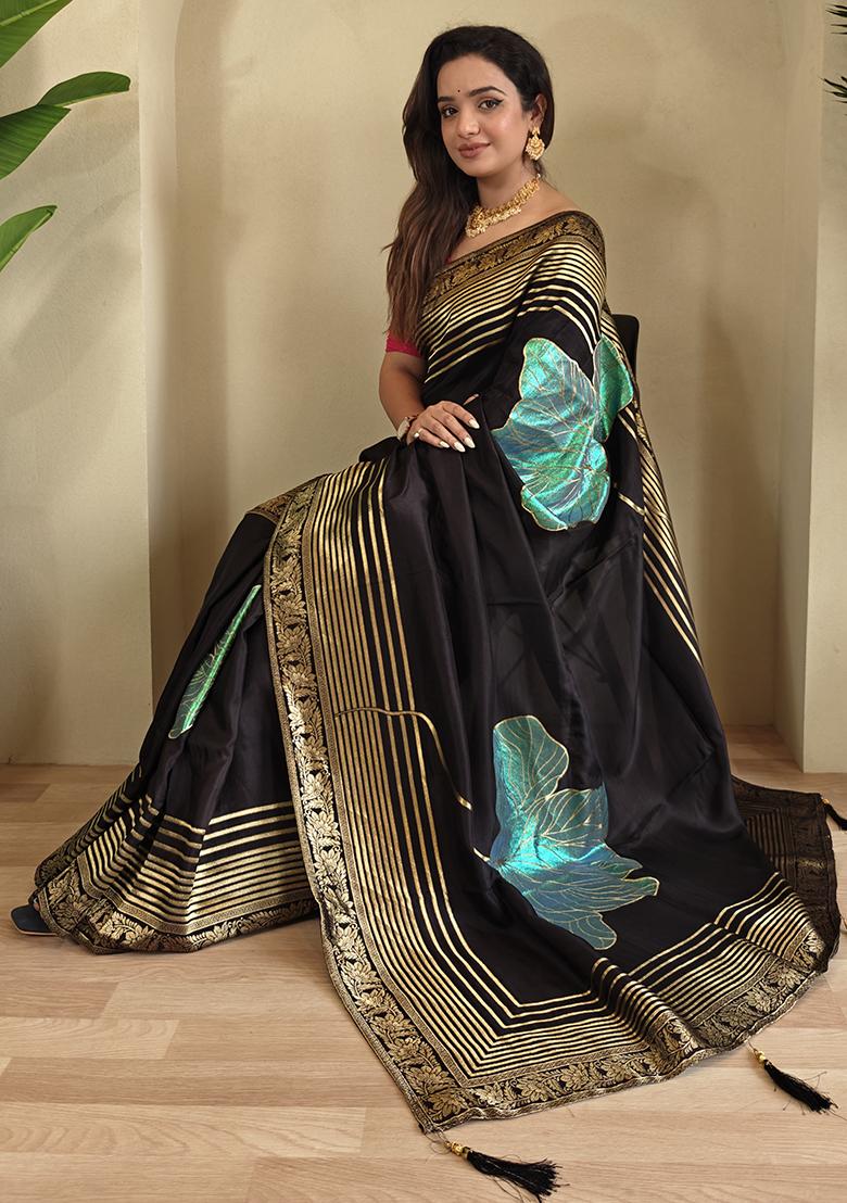 Black Flower Weaving Munga Silk Saree Saree Set With Blouse