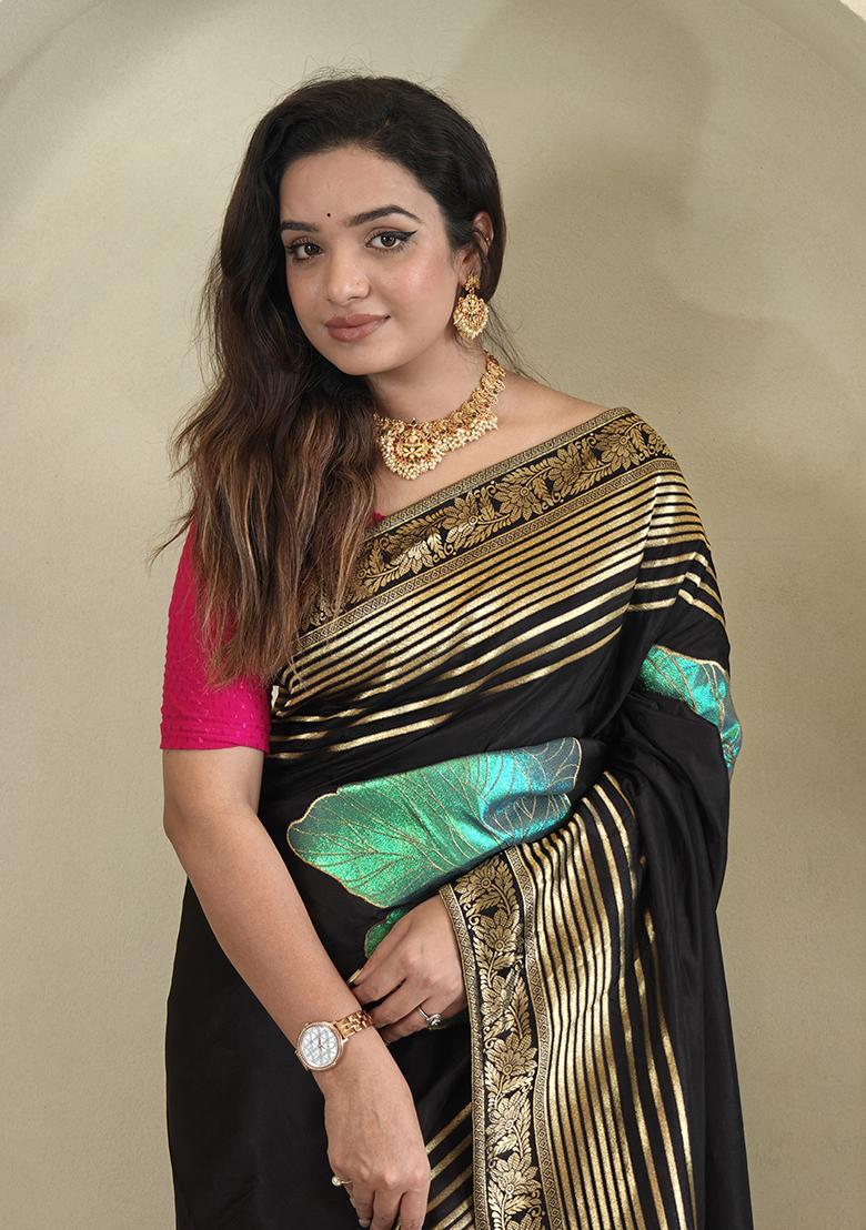 Black Flower Weaving Munga Silk Saree Saree Set With Blouse