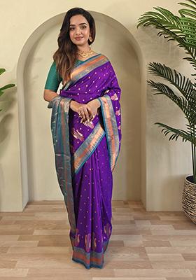 Purple Kanchipuram Pure Soft Silk Saree Set With Blouse