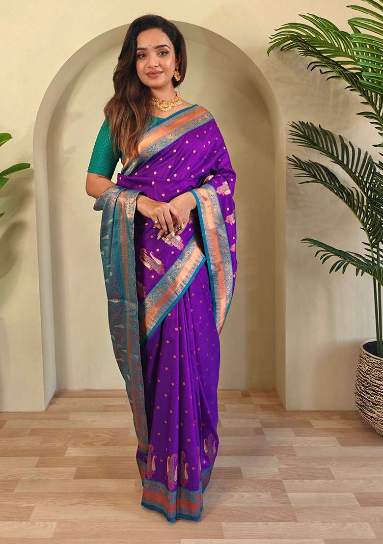 Purple Kanchipuram Pure Soft Silk Blend Saree Set With Blouse - Indya