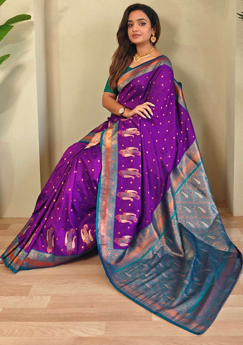 Purple Kanchipuram Pure Soft Silk Blend Saree Set With Blouse - Indya