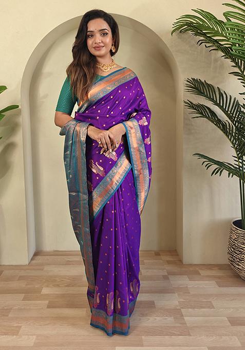 Purple Kanchipuram Pure Soft Silk Saree Set With Blouse