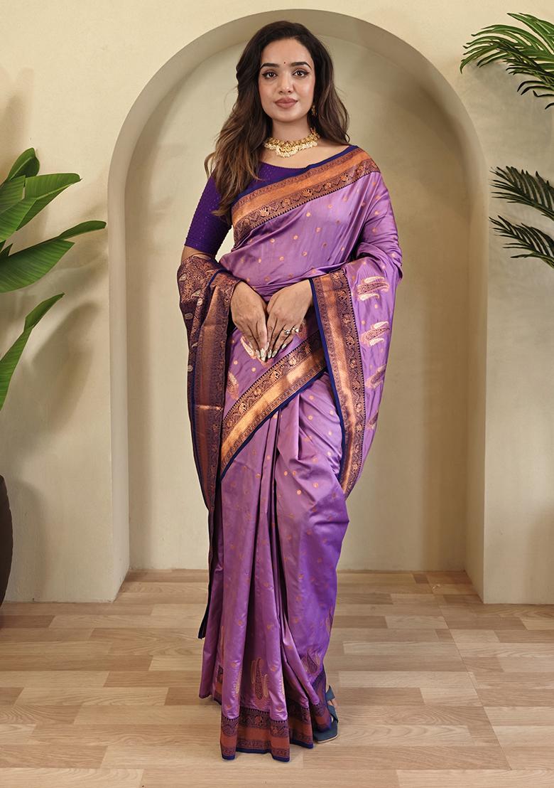 Lavender Kanchipuram Pure Soft Silk Saree Set With Blouse