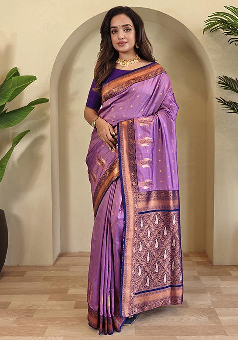 Lavender Kanchipuram Pure Soft Silk Saree Set With Blouse