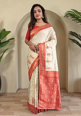 Off White Kanchipuram Pure Soft Silk Saree Set With Blouse