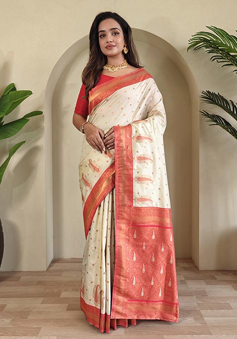 Off White Kanchipuram Pure Soft Silk Saree Set With Blouse