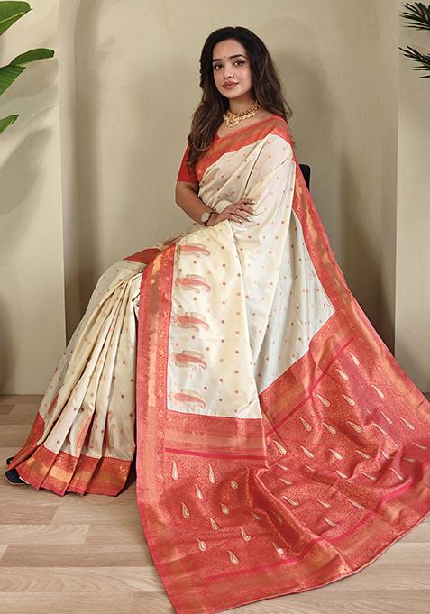 Off White Kanchipuram Pure Soft Silk Saree Set With Blouse