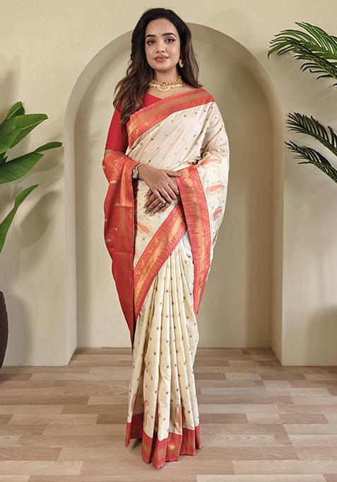 Off White Kanchipuram Pure Soft Silk Saree Set With Blouse