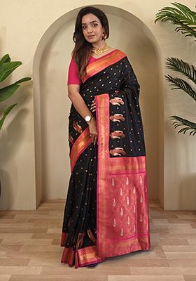 Black Kanchipuram Pure Soft Silk Saree Set With Blouse