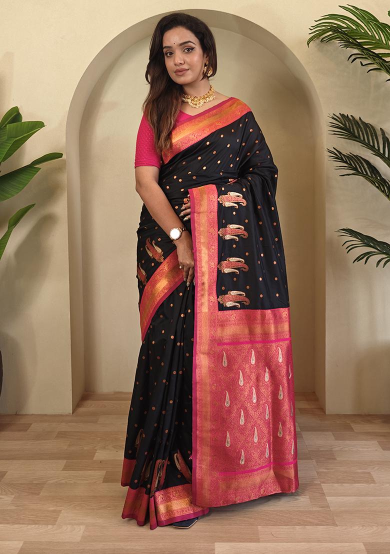Black Kanchipuram Pure Soft Silk Saree Set With Blouse