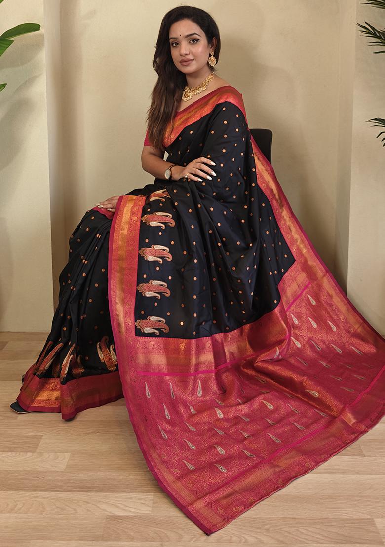 Black Kanchipuram Pure Soft Silk Saree Set With Blouse
