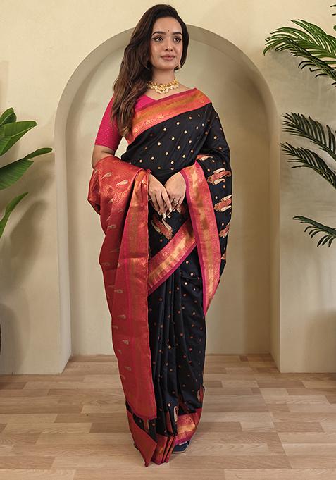 Black Kanchipuram Pure Soft Silk Saree Set With Blouse