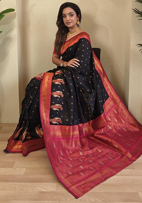 Black Kanchipuram Pure Soft Silk Saree Set With Blouse