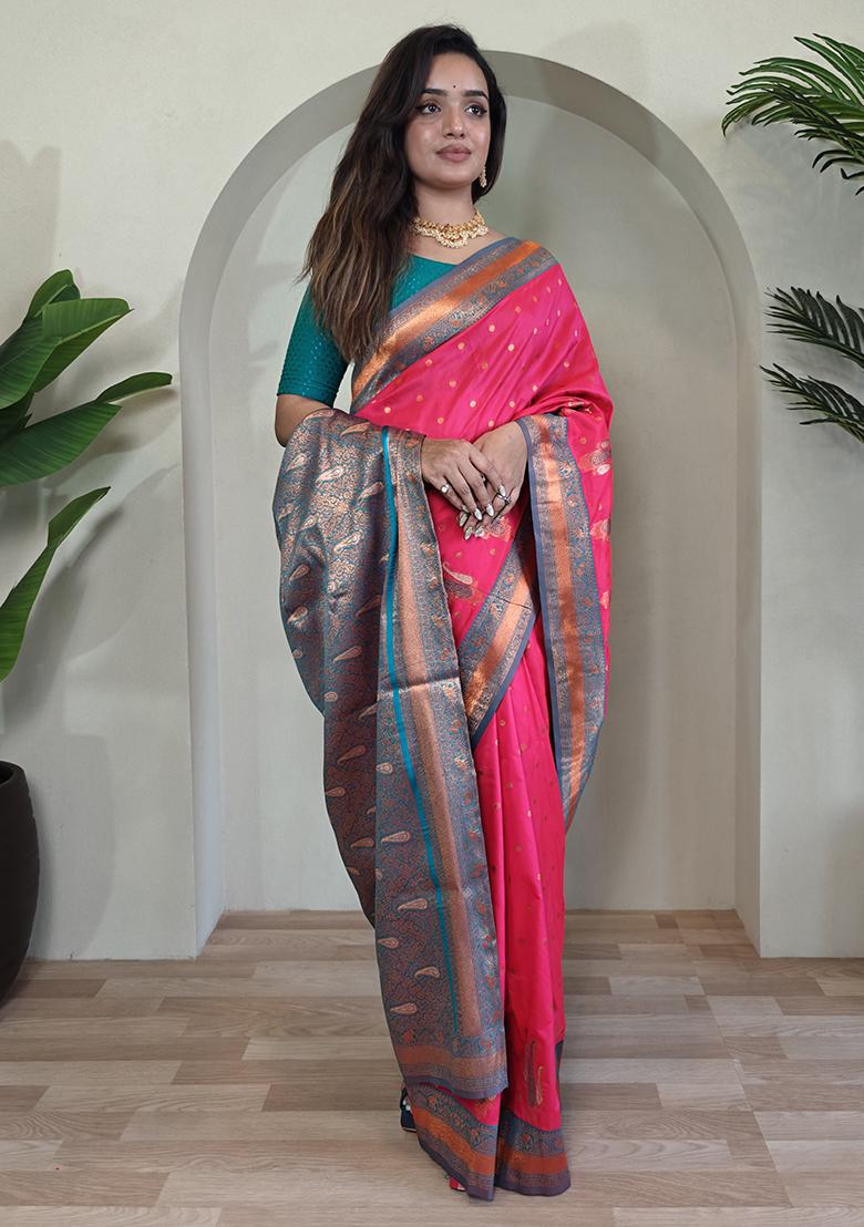 Pink Kanchipuram Pure Soft Silk Saree Set With Blouse