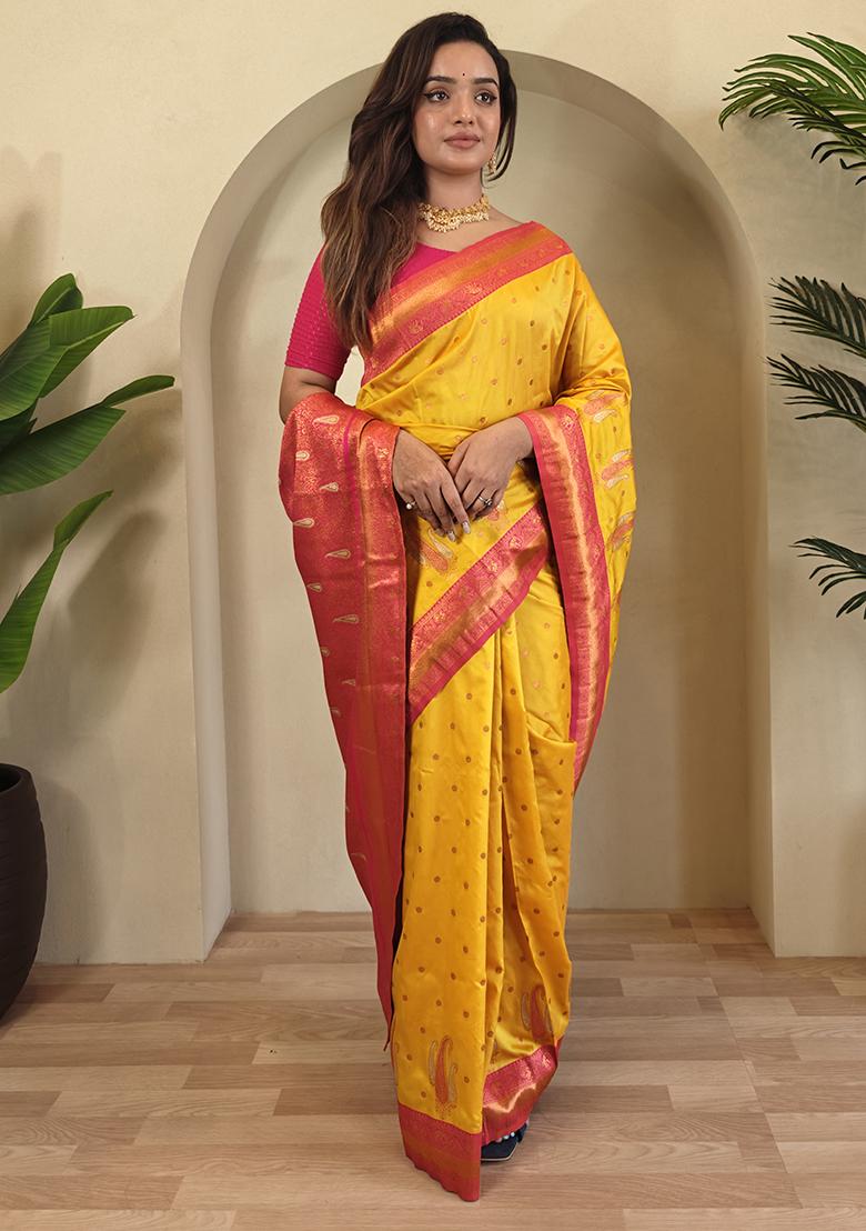 Yellow Kanchipuram Pure Soft Silk Saree Set With Blouse