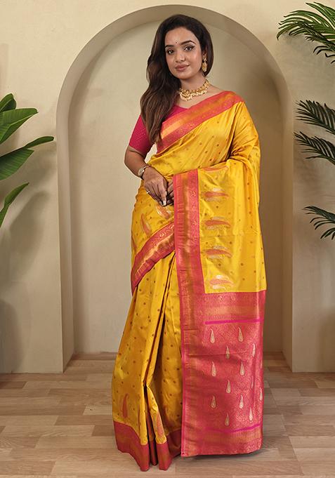 Yellow Kanchipuram Pure Soft Silk Saree Set With Blouse
