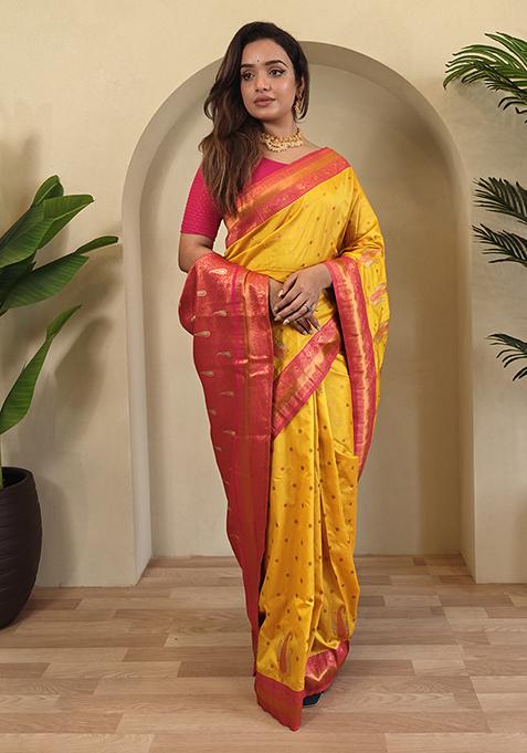 Yellow Kanchipuram Pure Soft Silk Saree Set With Blouse