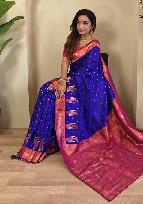 Royal Blue Kanchipuram Pure Soft Silk Saree Set With Blouse