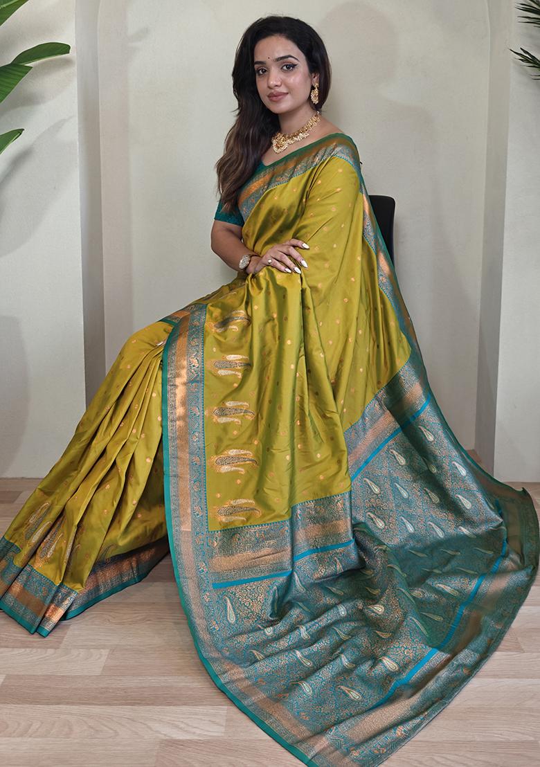 Mustard Yellow Kanchipuram Pure Soft Silk Saree Set With Blouse