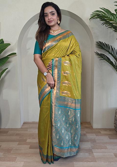 Mustard Yellow Kanchipuram Pure Soft Silk Saree Set With Blouse