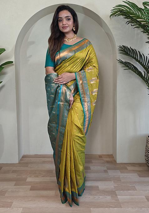 Mustard Yellow Kanchipuram Pure Soft Silk Saree Set With Blouse
