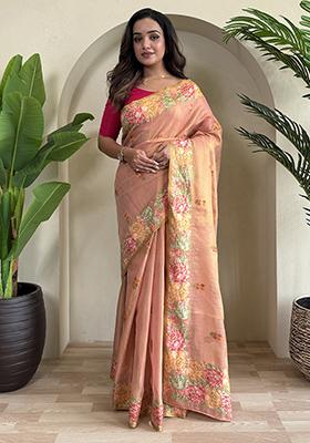 Peach Jacquard Zari Weaving Design Pure Tissue Silk Weaving Saree Set With Blouse